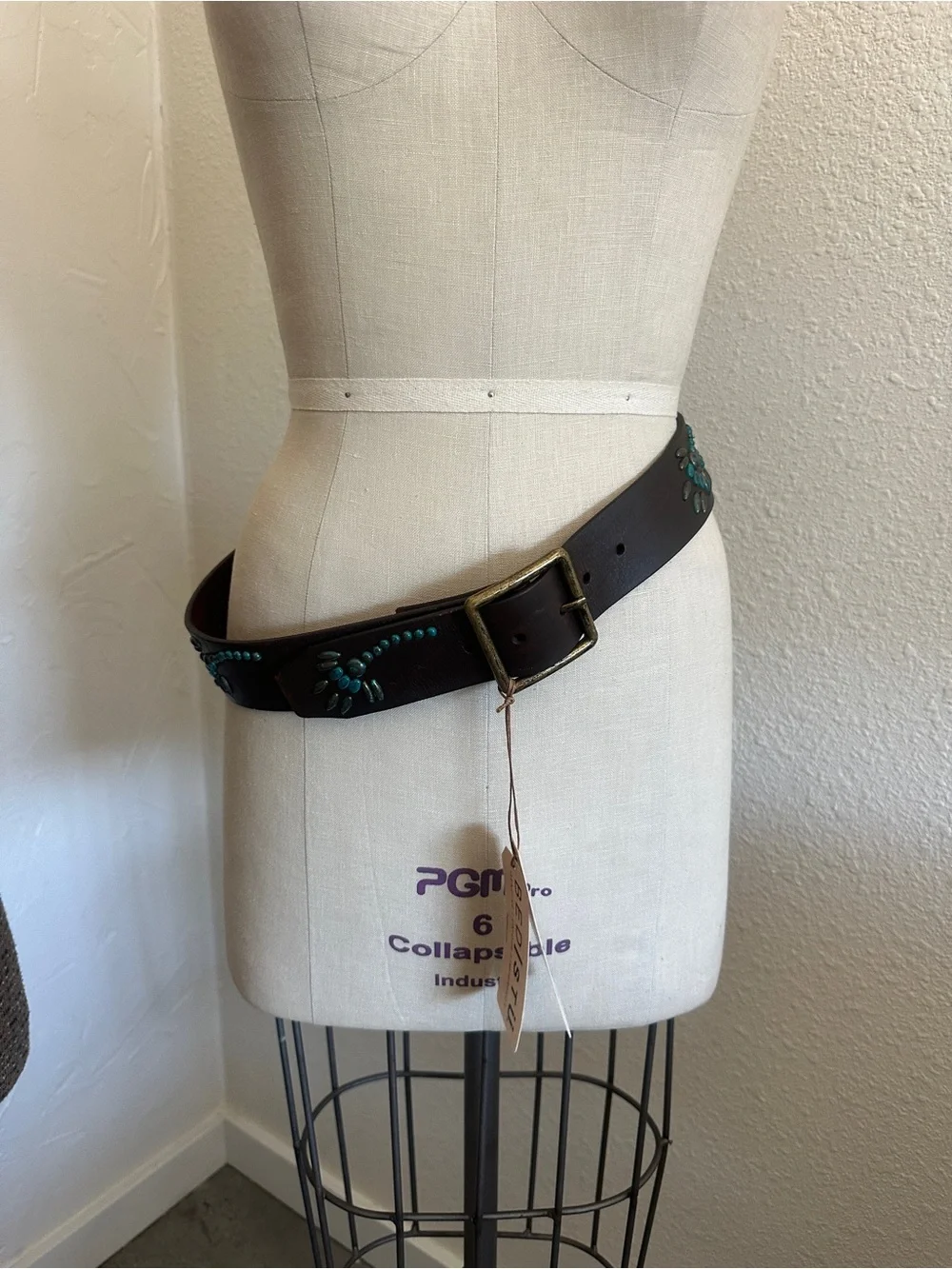 BED|STU Hudson NWT Brown Leather Belt with Turquoise Stud Detailing medium